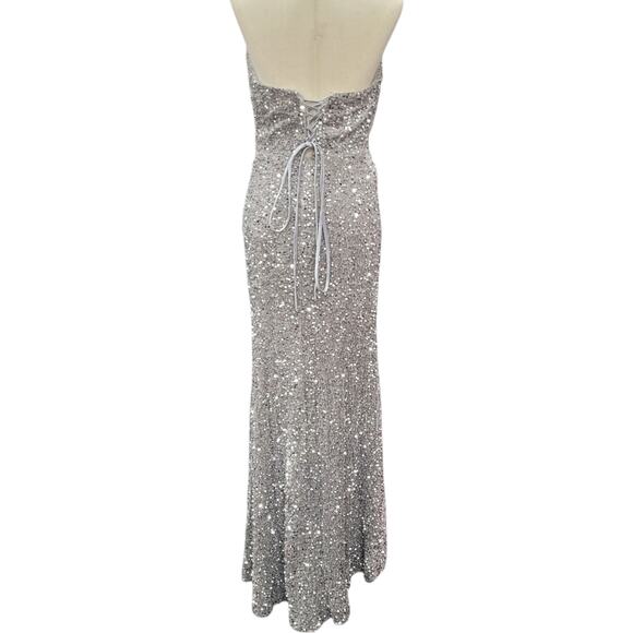 NWT Silver Strapless Sequin Evening Gown with Corset Back on Velvet Fabric - Picture 6 of 13